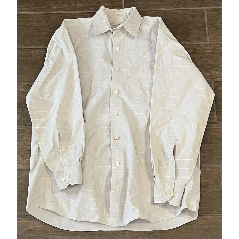 Tommy Bahama Men's Dress Shirt 15 1/2 32/33 Tan Plaid Cotton L/S Button